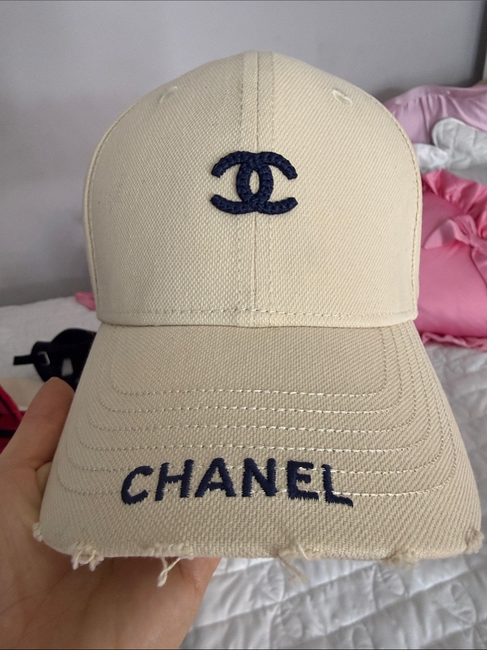 CHANEL Cream Baseball Cap with Navy Embroidered Logo